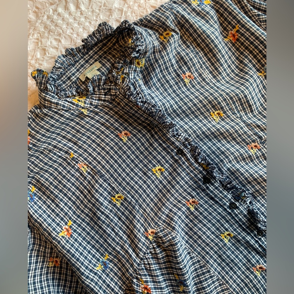 Sundance Navy Checkered Blouse with Floral Accents - Picture 13 of 16